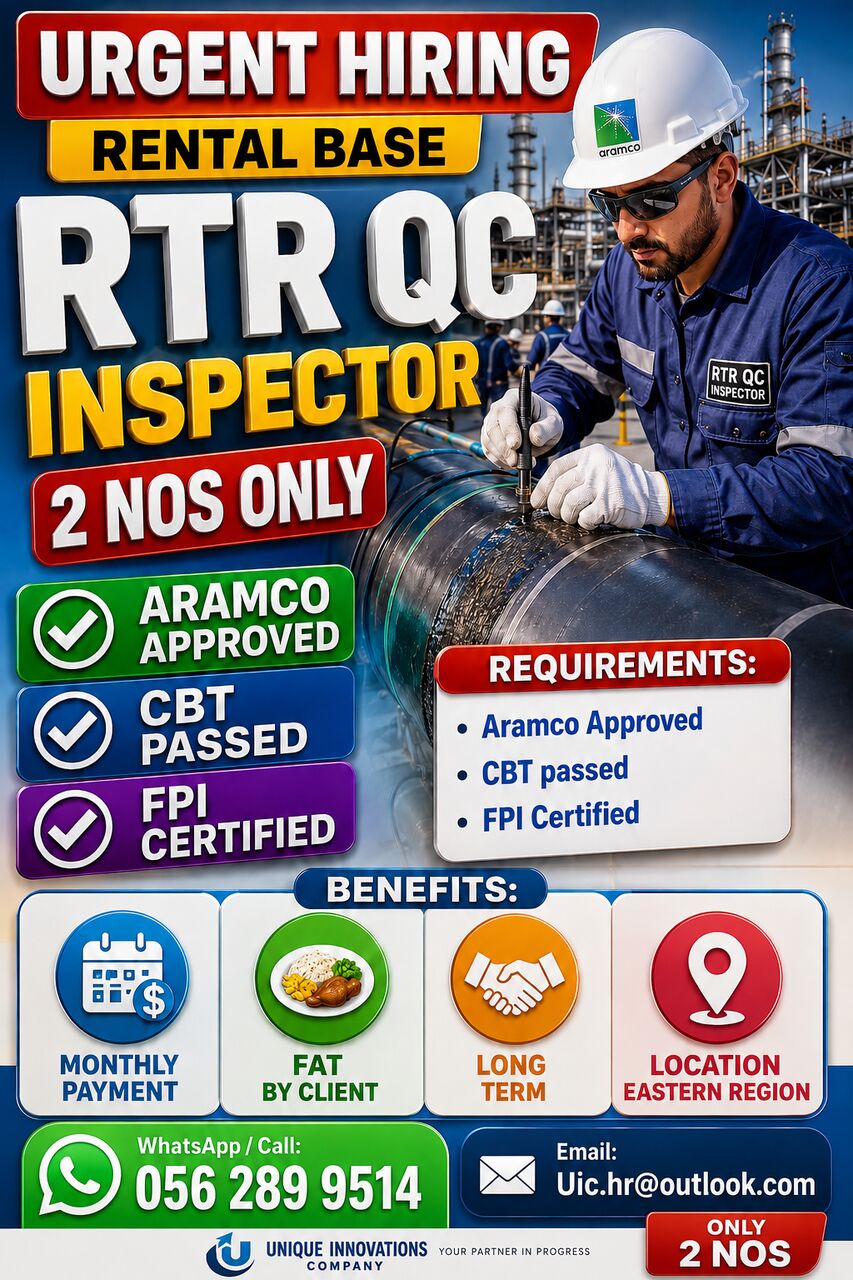 Riyadh, Jobs, Urgent Need RTR QC Inspector (Aramco Approved, CBT Passed, FPI Certified)