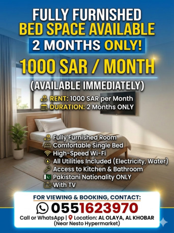 Khobar, Apartments, Flats, Houses & Villas, SAR 1000/month,  Furnished,  Furnished Bed Space  For Bachelor Only For Month