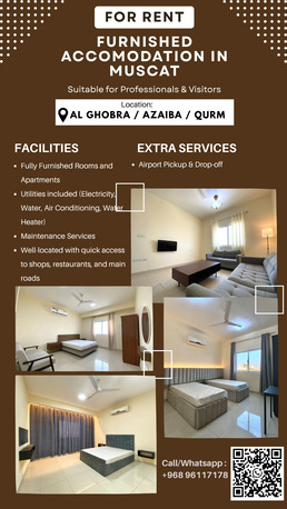 Muscat, Rooms for Rent, OMR 140180/month,  Furnished,  25 Sq. Meter,  🏠 Furnished Accommodation Available In Muscat