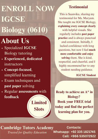Dubai, Lessons Offered, Online Tutor- Biology- IGCSE/Olevel/Alevel- Free Demo- Experienced