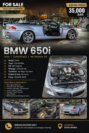 Riyadh, Vehicles, Cars & Trucks , SAR 37000,  BMW 650i Convertible,  2006,  Automatic,  280000 KM,