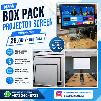 Manama, Computers, BHD 28,  New Projector Screen Box Pack 60",100",120" Tripod Stand/Wall Mounted Electric With Remote