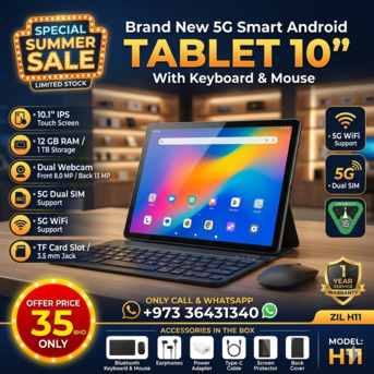 East Riffa, Computers, BHD 35,  New 5G Smart Android Tablet 10" Screen Dual Sim 12GB RAM 1TB Storage With Keyboard + Mouse