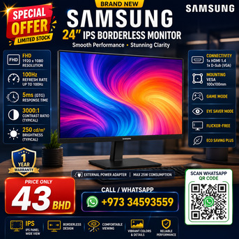 East Riffa, Computers, BHD 43,  Special Offer Brand New Samsung 24" IPS Borderless Monitor Full HD Boxpack (Only In 43/-BD