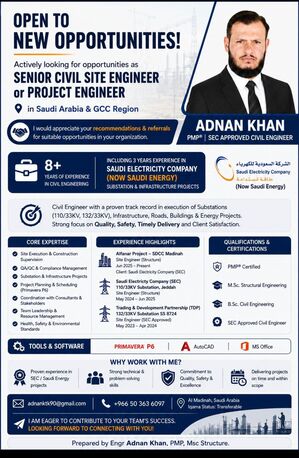 Riyadh, Job Seekers, Looking For The Position Of Civil Engineer | Senior Civil Site Engineer (SEC/SE Approved)