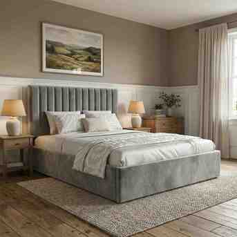 London, Furniture, GBP 209,  Grey Double Vertical Line Ottoman Bed With Hidden Base Storage