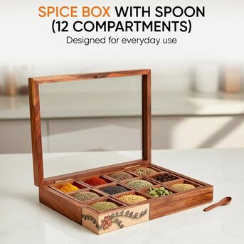 Mumbai, Household Items, INR 2729,  Handcrafted Wooden Spice Box With 12 Slots & Spoon