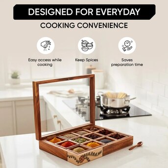 Mumbai, Household Items, INR 2729,  Handcrafted Wooden Spice Box With 12 Slots & Spoon