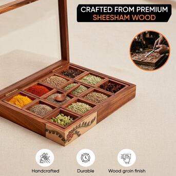 Mumbai, Household Items, INR 2729,  Handcrafted Wooden Spice Box With 12 Slots & Spoon
