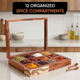 Mumbai, Household Items, INR 2729,  Handcrafted Wooden Spice Box With 12 Slots & Spoon