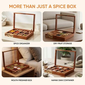 Mumbai, Household Items, INR 2729,  Handcrafted Wooden Spice Box With 12 Slots & Spoon