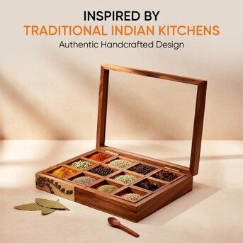 Mumbai, Household Items, INR 2729,  Handcrafted Wooden Spice Box With 12 Slots & Spoon