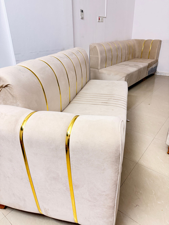 Riyadh, Furniture, SAR 230,  Luxury 3+3 Seater Velvet Sofa Set With Gold Design &ndash; Excellent Condition