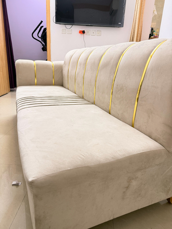 Riyadh, Furniture, SAR 230,  Luxury 3+3 Seater Velvet Sofa Set With Gold Design &ndash; Excellent Condition