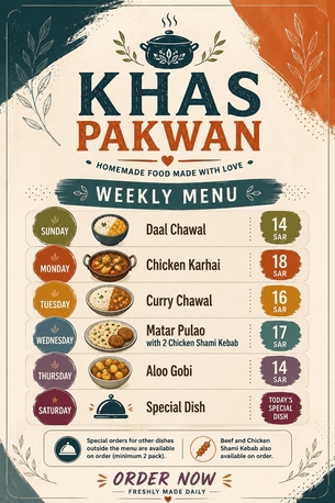 Khobar, Food, SAR 14,  Homemade Food - Weekly Menu - Daily Available