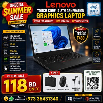 Manama, Computers, BHD 118,  Lenovo Touch I7 8th Generation Graphics Laptop NVidia 2GB GPU 14"Touch Screen 16GB + 256GB