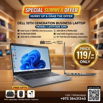 East Riffa, Computers, BHD 119,  Special Offer 10th Generation DELL Core I7 Laptop 16GB DDR4 RAM + 256GB SSD 14" FHD Screen