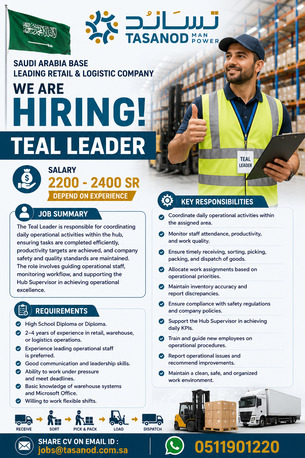 Riyadh, Jobs, Hiring For Hub In Charge, Hub Supervisor , Teal Leader For Retail & Logistic Company