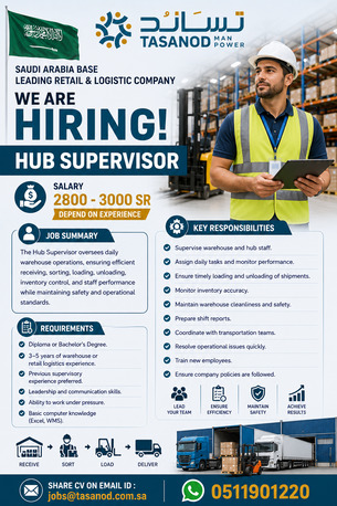 Riyadh, Jobs, Hiring For Hub In Charge, Hub Supervisor , Teal Leader For Retail & Logistic Company