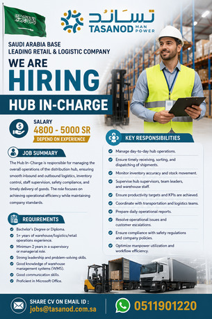 Riyadh, Jobs, Hiring For Hub In Charge, Hub Supervisor , Teal Leader For Retail & Logistic Company