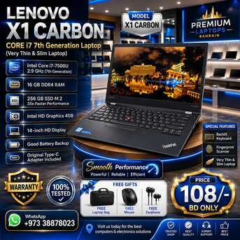 Manama, Computers, BHD 108,  LENOVO X1 CARBON Core I7 Thin & Slim Laptop 14" Display 16GB RAM 256GB SSD M.2 35x Fast