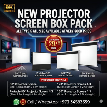 Muharraq, Computers, BHD 29,  New Projector Screen Box Pack All Size All Type With Tripod Stand & Electrical With Remote
