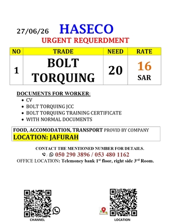 Jubail, Jobs, URGENT REQUIREMENT BOLT TORQUING TECHNICIAN