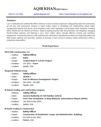 Riyadh, Job Seekers, HSE Officer | 5+ Years KSA Experience | NEBOSH, IOSH, OSHA Certified