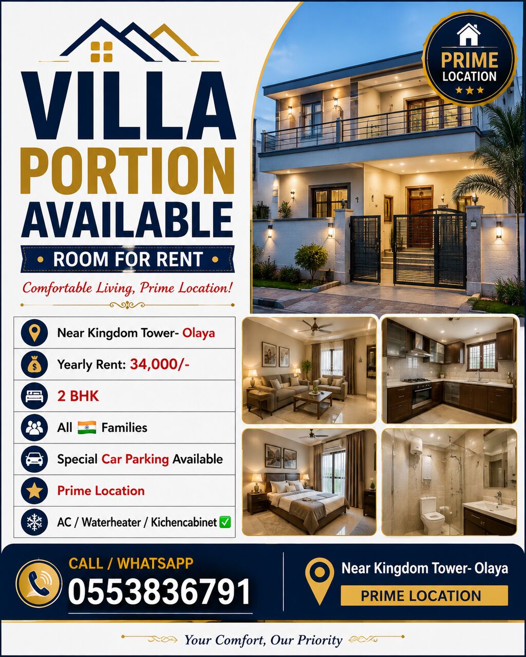 King Fahad District, Rooms for Rent, SAR 34000/year,  2 BHK Villa Portion Available For Indian Families Olaya Riyadh