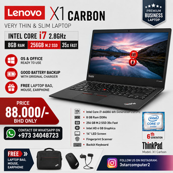 Manama, Computers, BHD 88,  LENOVO X1 CARBON Core I7 Thin & Slim Laptop 14" Display 8GB RAM 256GB SSD M.2 35x Fast