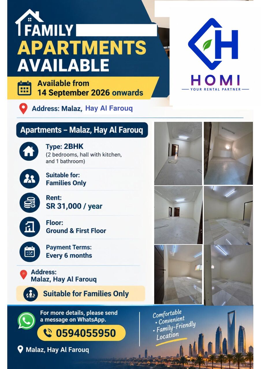 Riyadh, Apartments, Flats, Houses & Villas, SAR 27000/year,  2 BR,  🏚️2BHK & 1BHK Villa Apartments For Families & Executives| Al Malaz (Al Farouq) Region🏚️