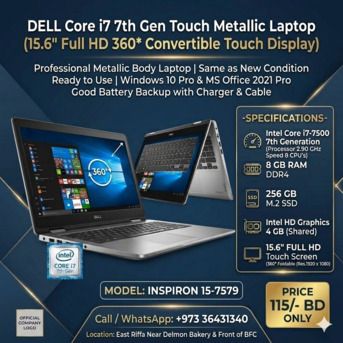 Muharraq, Computers, BHD 115,  DELL Touch 2 In 1 Laptop (Metallic Body) Core I7 15.6" FHD Touch 360* Flip Display 8GB RAM