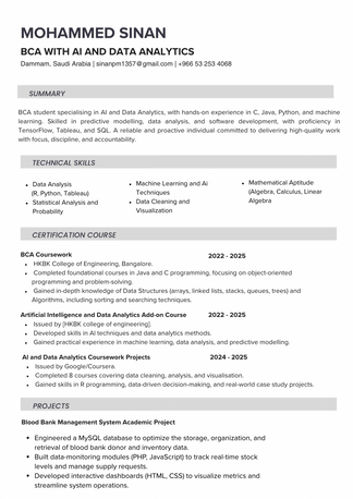 Dammam, Job Seekers, BCA Graduate | AI & Data Analytics | Project Coordinator | Available In Dammam