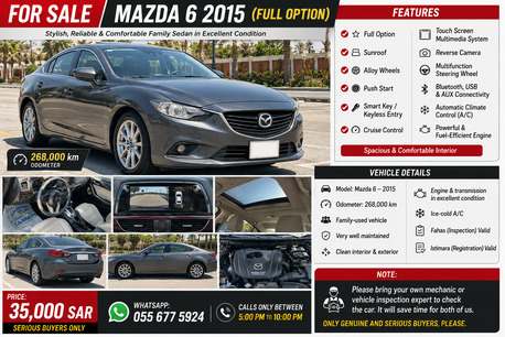 Dammam, Vehicles, Cars & Trucks , SAR 35000,  Mazda 6,  2015,  Automatic,  268000 KM,  For Sale
