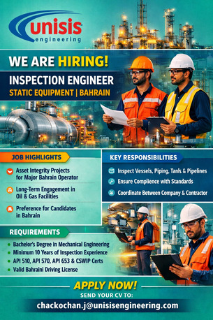 Manama, Jobs, Inspection Engineer - Static Equipment | Bahrain (Tatweer / BAPCO Projects)