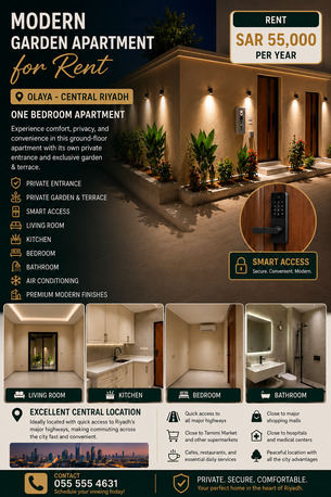 Olaya, Apartments, Flats, Houses & Villas, SAR 55000/year,  2 BR,  Modern Garden Apartment For Rent In Olaya