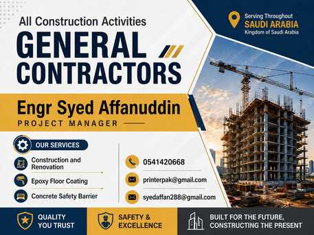 Riyadh, Construction, General Contractor | Blockwork | Plaster | Painting | Tiles | Epoxy | Gypsum | Safety Barr