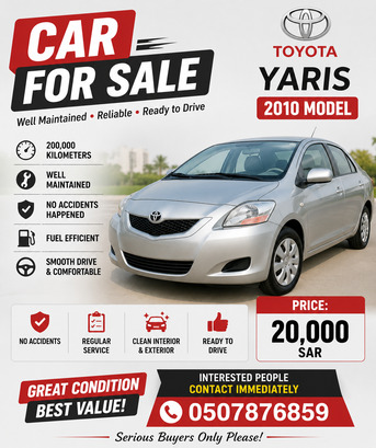 Khobar, Vehicles, Cars & Trucks , SAR 20000,  Toyota Yaris,  2010,  Automatic,  200000 KM,  A Well-maintained  ( Model) Is Available For Immediate Sale.