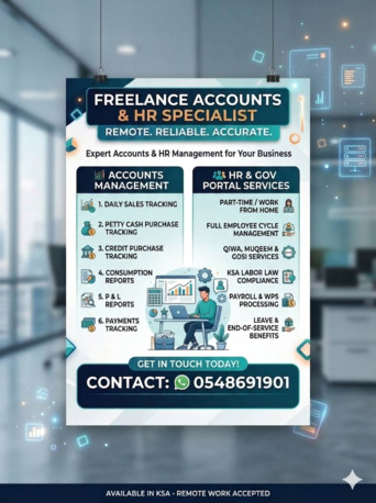Riyadh, Accounting, Freelance Accounts & HR Specialist