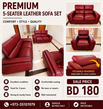 Manama, Furniture, BHD 180,  Premium 5-Seater Leather Sofa Set For Sale