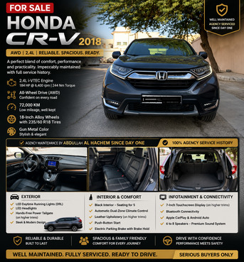 Riyadh, Vehicles, Cars & Trucks , SAR 75000,  Honda CR-V,  2018,  Automatic,  72000 KM,