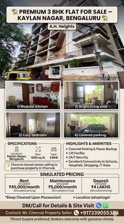 Bangalore, Apartments, Flats, Houses & Villas, INR 1/year,  3 BR,  1500 Sq. Feet,  Spacious 3bhk For Sales