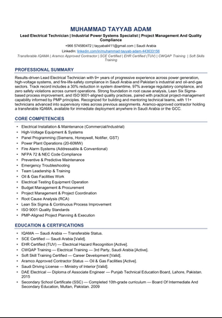 Dammam, Job Seekers, Lead Electrical Technician