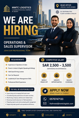 Jeddah, Jobs, Hiring &ndash; Operations & Sales Supervisor (Arabic Speakers Preferred) | Jeddah