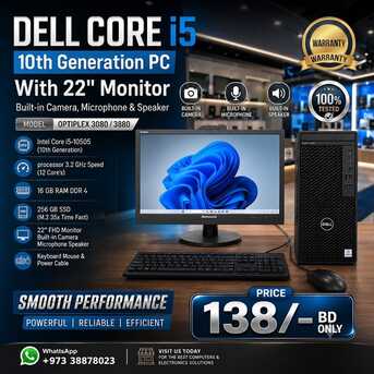 Manama, Computers, BHD 138,  DELL Core I5 10th Gen PC 16GB Ram SSD 256GB With 22" FHD Monitor Built-in Camera, Speaker