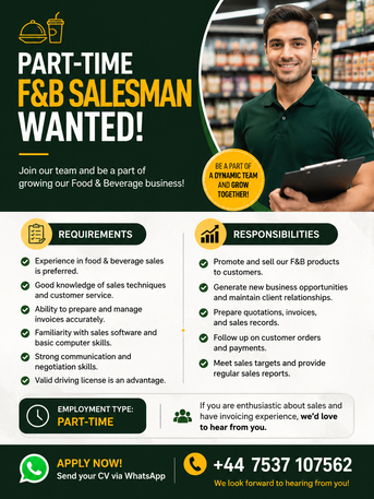 Manama, Jobs, Part Time F & B Sales Man With Month Target Proof