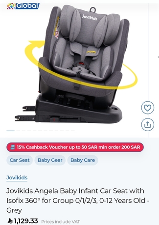 Dammam, Baby & Kid Stuff, SAR 500,  Jovikids Angela 360 Isofix Car Seat 0-12 Years - Grey  SKU: 103429731