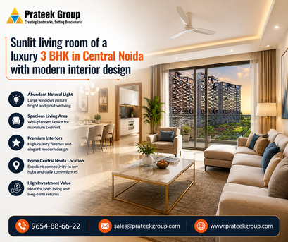 Noida, Real Estate, Sunlit Living Room Of A Luxury 3 BHK Apartment In Central Noida With Modern Interior Desig