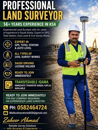Riyadh, Job Seekers, Land Surveyor With 14+ Years KSA Experience. Expert In GPS, Total Station & Auto Level.