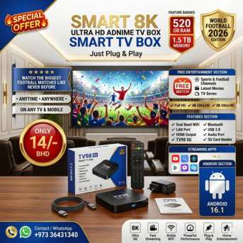 Muharraq, Computers, BHD 14,  8K Smart TV Box With Android 16 & Dual Band (Can Watch Free All TV & Movies) Plug & Watch